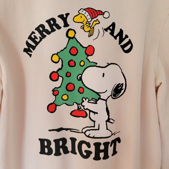Peanuts Snoopy Woodstock Christmas Holiday Zip Hoodie Merry & Bright Cream Sz M - Picture 5 of 10